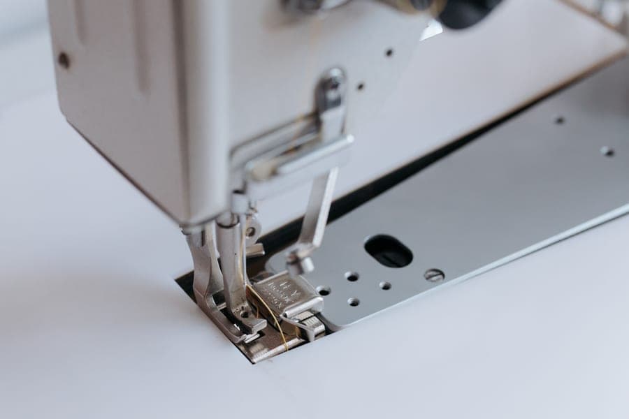 The feed dogs and needle plate of a sewing machine
